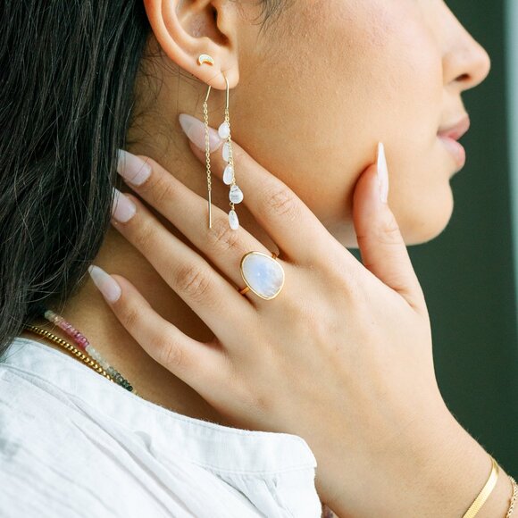 STUNNING Moonstone Threader Earrings Gemstone Dangle Earring June Birthday Gift - Picture 5 of 15